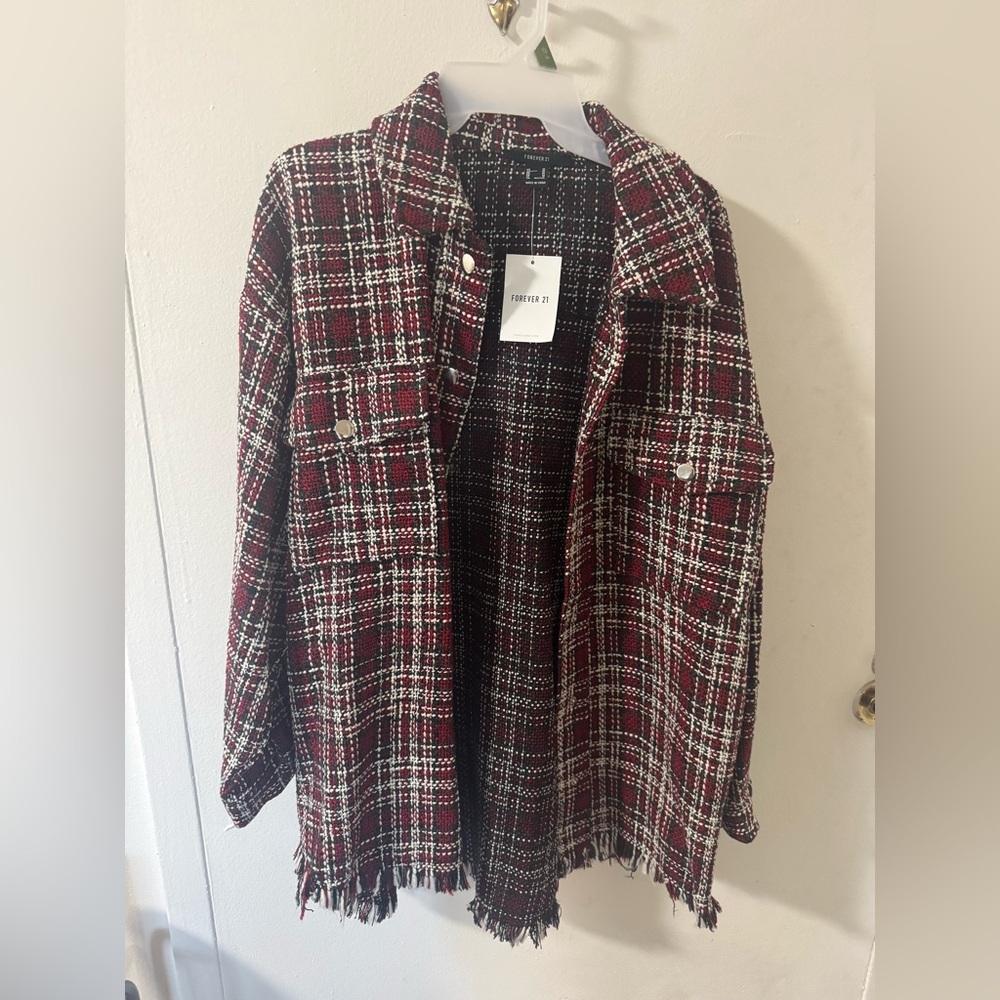 Forever 21 Red and Black Checkered Fringe Jacket